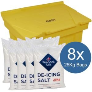 200 litre 250kg grit bin with 8x 25kg bags of white de-icing salt