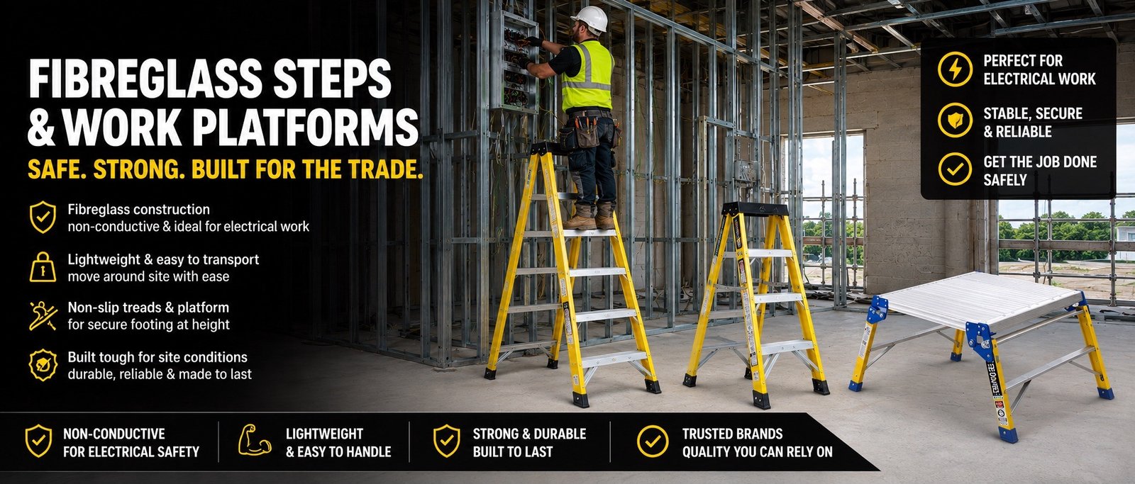 Fibreglass grp insulated steps ladders and work platforms from TB Davies Insul8, Little Giants, Climb-It, Lyte, LFI, 